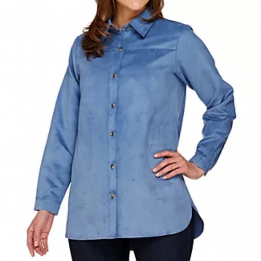 JOAN RIVERS | Faux Suede‎ Blue Button-Up Women's Boyfriend Shirt Top | L